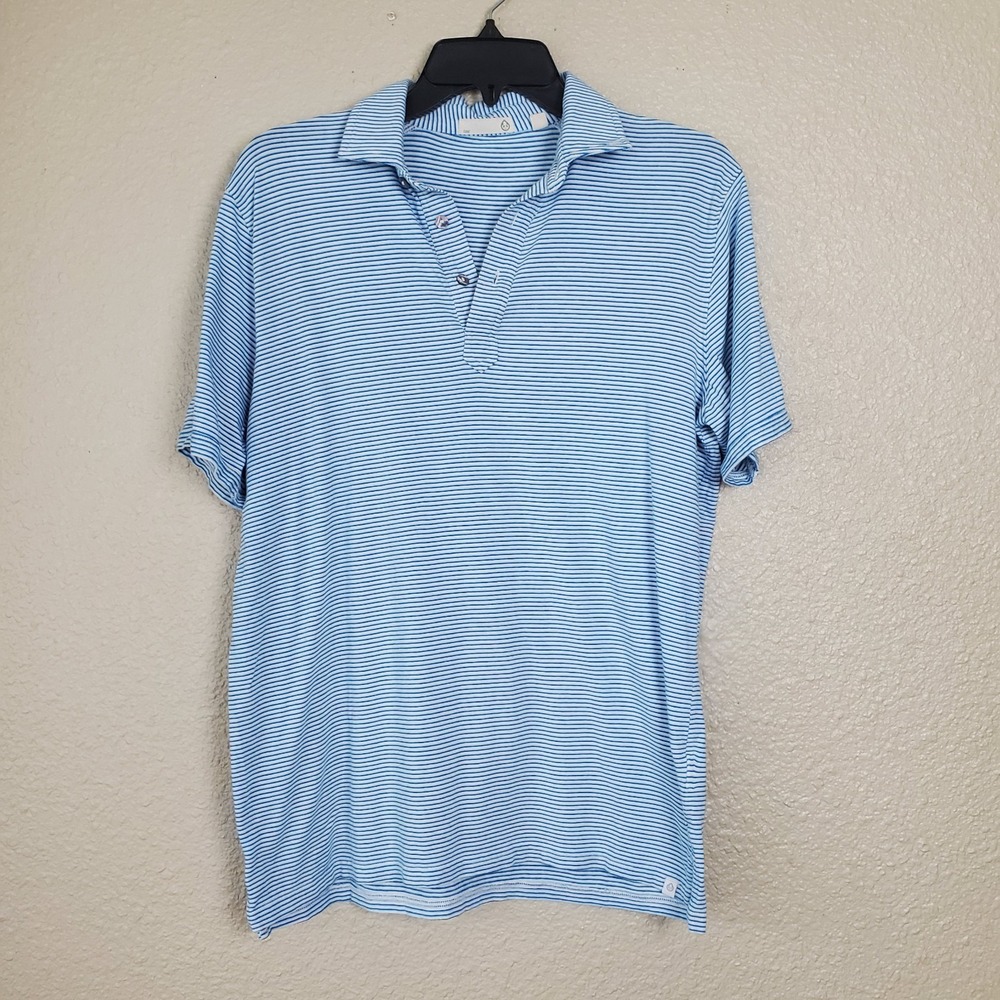 Tasc Performance Polo Shirt‎ Mens Medium White Blue Short Sleeve Striped Stretch